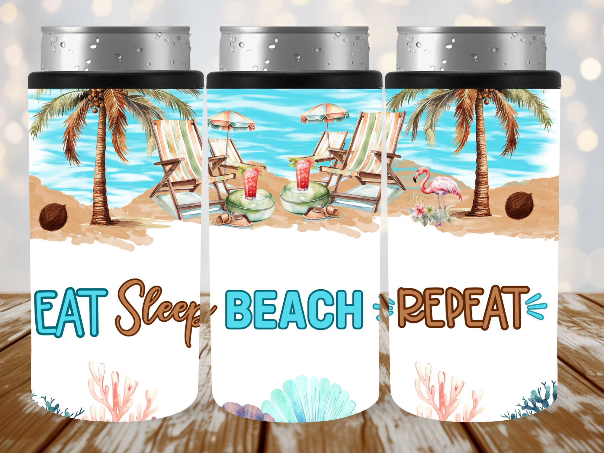 Eat Sleep Beach Repeat Slim Can Cooler